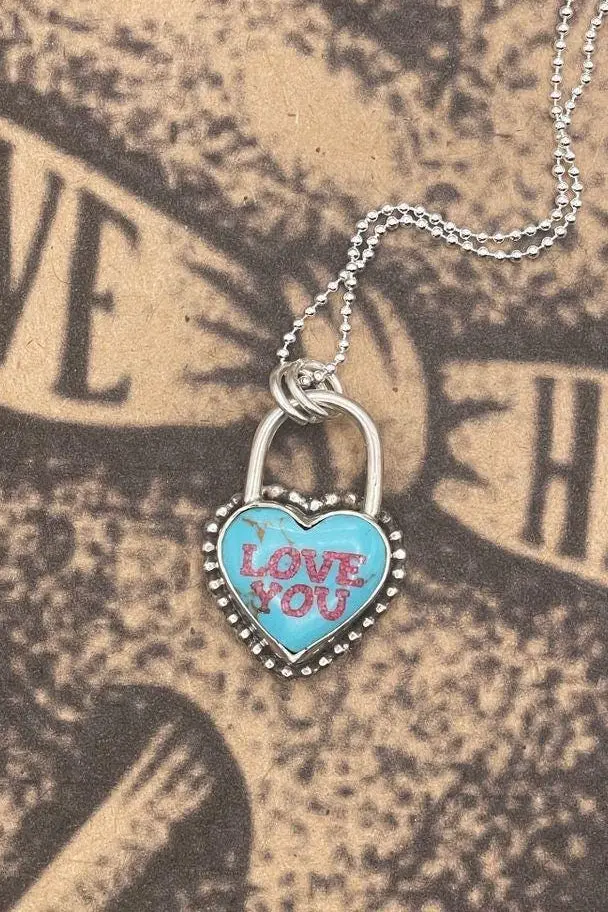 Babe - Love You Heart Faux Lock Pendant Turquoise 1