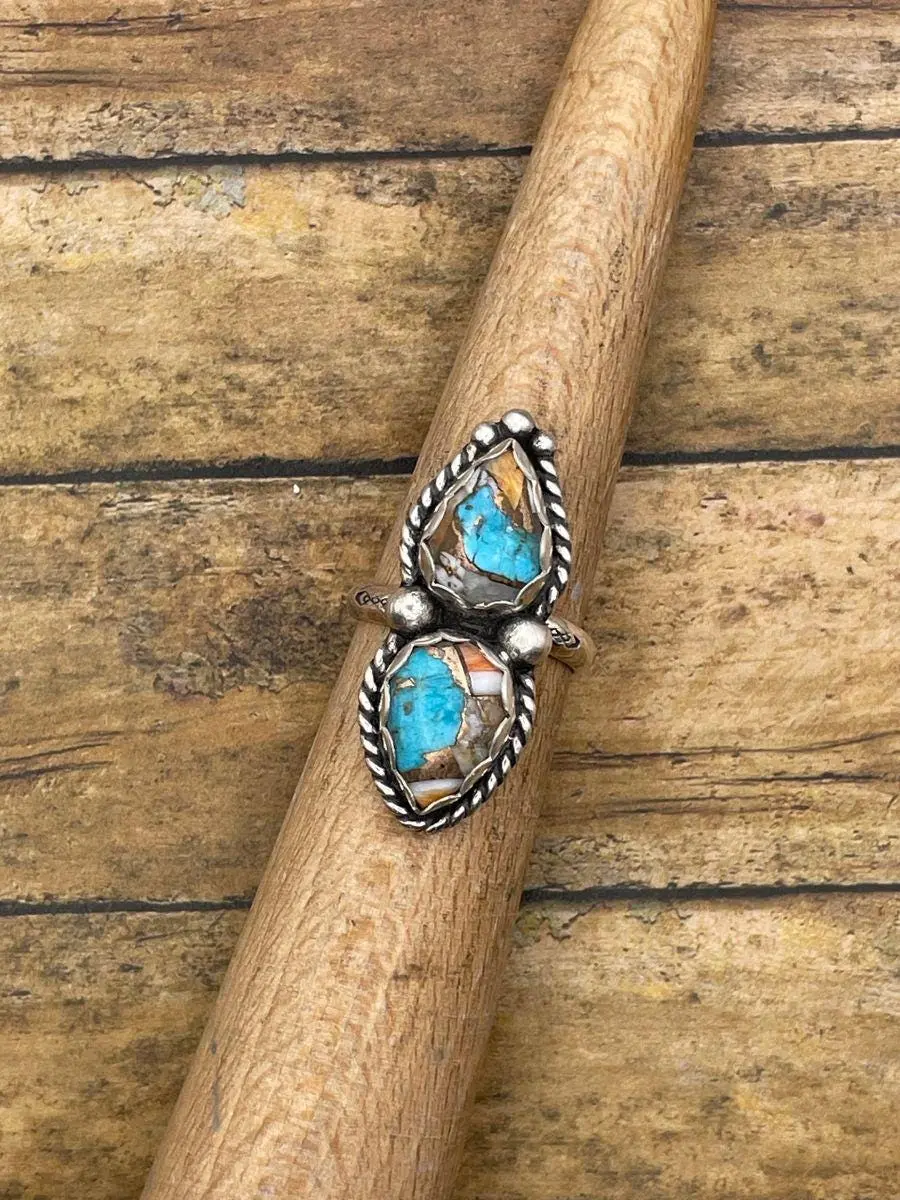 Caitlyn - Spiny Oyster Turquoise Double Stone Ring 1