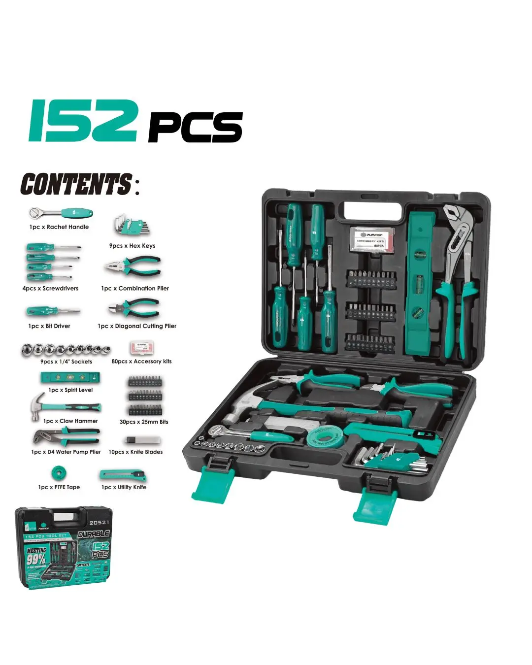 Pumpkin Home 152Pcs Multi-Purpose Tool Set Diy Homekit With Toolbox | Model: Mtc20521 1