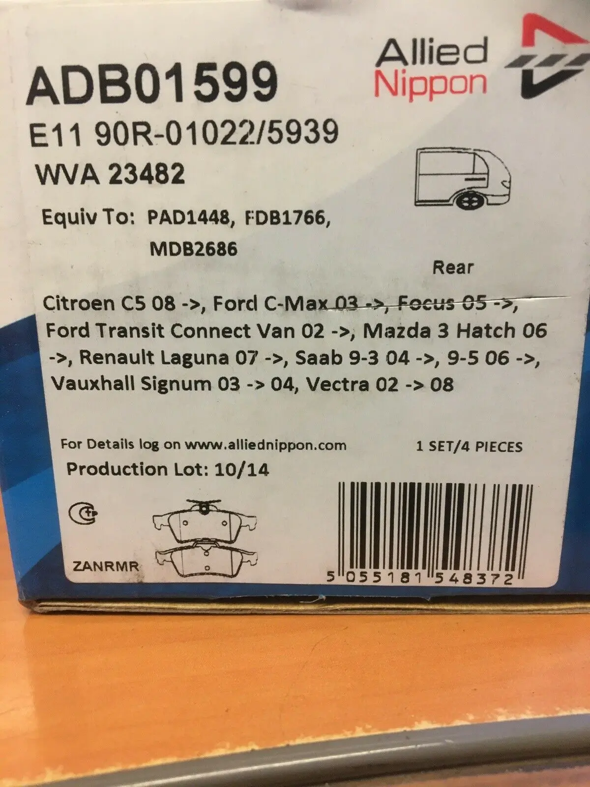 Allied Nippon Rear Brake Pads Ford Focus / C-Max / Transit Connect Adb01599 1