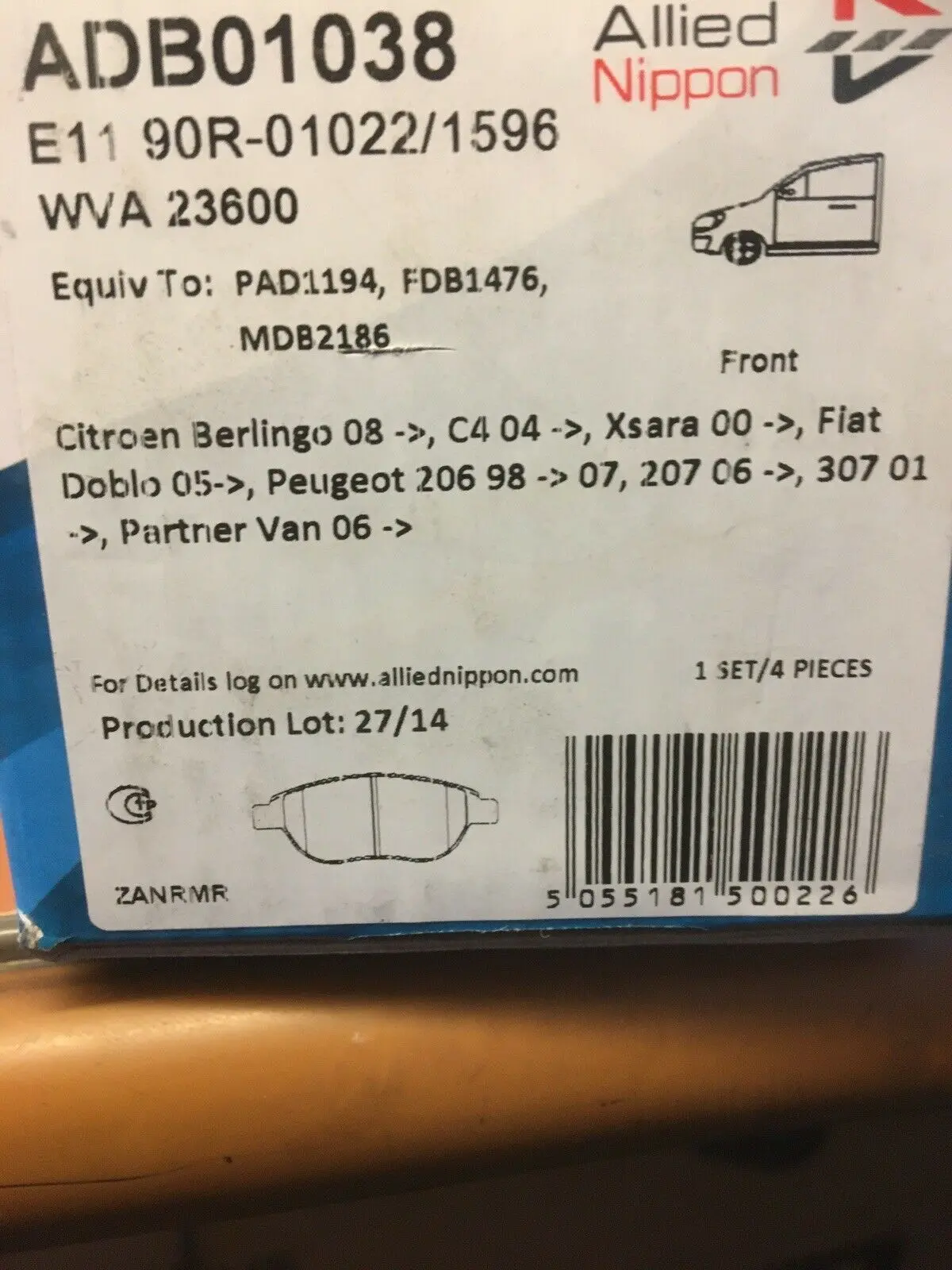 Allied Nippon Front Brake Pads Citroen Berlingo/C4/Peugeot 206/207 - Adb01038 1